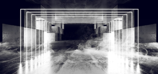 Smoke Future Neon Lights Graphic Glowing White Virtual Sci Fi Futuristic Tunnel Studio Stage Construction Garage Podium Spaceship Night Dark Concrete Grunge 3D Rendering