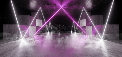 Smoke Future Neon Lights Graphic Glowing White Purple Vibrant Virtual Sci Fi Futuristic Tunnel Studio Stage Construction Garage Podium Spaceship Night Dark Concrete Grunge 3D Rendering