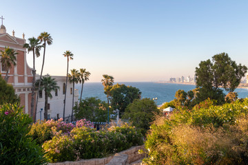 The old city of Jaffa Israel, view of Tel Aviv in the sun, landscape, sea at sunset