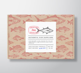 Fish Pattern Realistic Cardboard Box with Banner. Abstract Vector Packaging Design or Label. Modern Typography, Hand Drawn Tuna Silhouette. Craft Paper Background Layout.