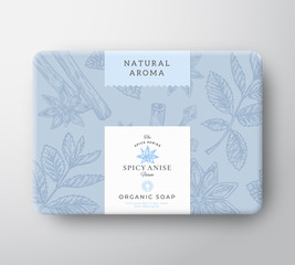 Anise Soap Cardboard Box. Abstract Vector Wrapped Paper Container with Label Cover. Packaging Design. Modern Typography and Hand Drawn Spices Background Pattern Layout.