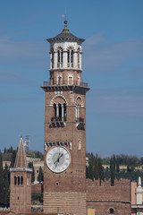 Fototapeta na wymiar Verona, Italy: Torre dei Lamberti, march, 2019,view from amphitheater Arena di Verona