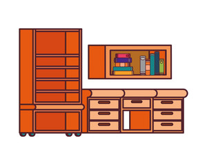 desk and shelving with stack of books on white background