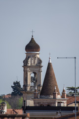 Church tower and buildings ,San Zeno bell tower, in Verona, Italy ,2019