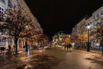 Street view at night in Bordeaux city, France