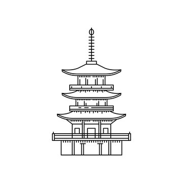 Japanese pagoda illustration in a outline, for the design of travel booklets.