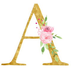 Initial A letter with flowers raster illustration