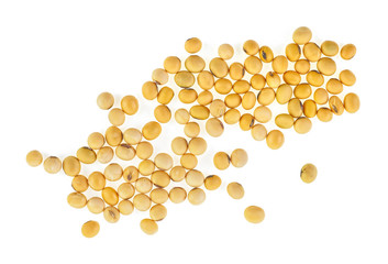 Close up of soybeans isolated on white background, top view.