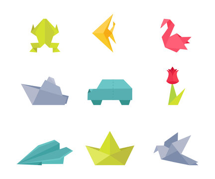 Origami, paper crafts vector illustrations set