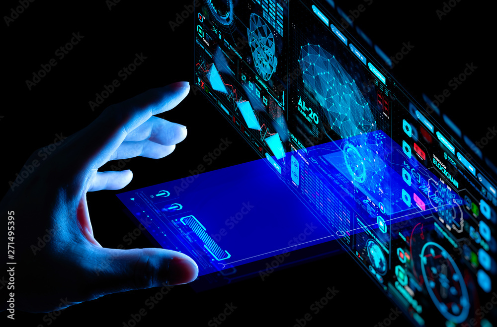 Poster business hand working with cryptocurrency and ai smart phone interface.