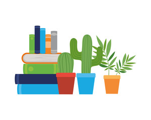 stack of books with houseplant on white background