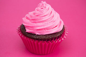 A Single Pink Frosted Chocolate Cupcake on a Pink Backdrop