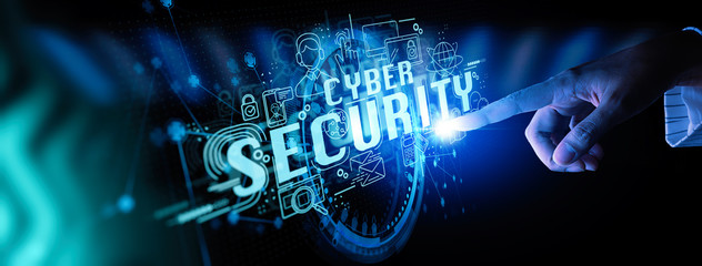 Cyber security and data protection. Businessman touchscreen protecting business and financial data...
