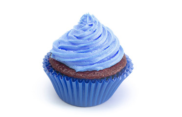 A Single Blue Iced Chocolate Cupcake Isolated on a White Background
