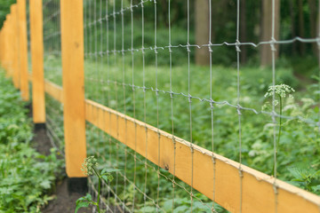 Wooden fence in the forest. Environmental protection concept.