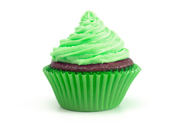 A Single Green Iced Chocolate Cupcake Isolated on a White Background