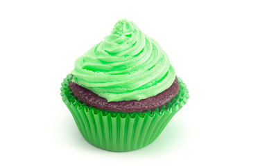 A Single Green Iced Chocolate Cupcake Isolated on a White Background