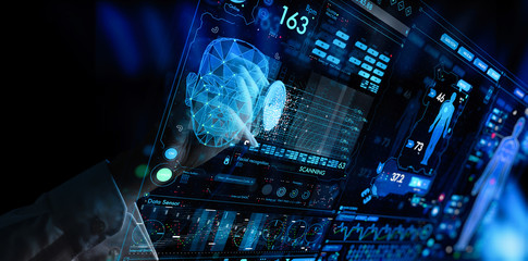 Medicine doctor and stethoscope in hand touching Ui and icon future of medical technology.