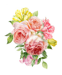 Elegant festive bouquet of garden roses and tulips. The flowers are painted by hand. Watercolor illustration.