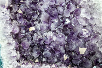 Amethyst druse, amethyst crystals close up view, precious