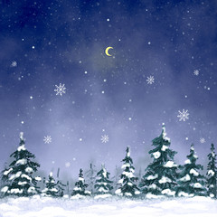digital drawing, winter landscape of a Christmas tree on a background of dark blue sky with stars and snowflakes