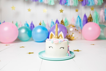 Unicorn Cake with Balloons and Streamers