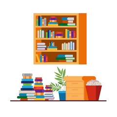 shelving with books and wooden drawer