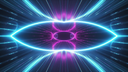 Abstract neon background. 3d render neon ultraviolet spiral spreads along the metal corridor. Hypnotic spiral, blue red pink purple spectrum, 3d illustration