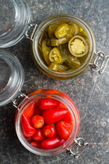 Pickled chili peppers and jalapeno peppers.