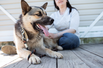 Photo of brunette woman in jeans and white jacket sitting next to shepherd puppy against white wooden building