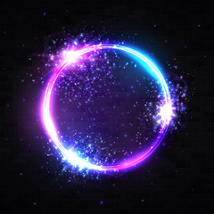 Neon light circle background with explosion particles glitter confetti star spark. Electric round frame. Geometric shape technology design. Brightly lit illuminated vector illustration. 80s style sign