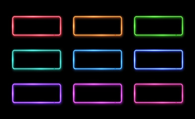 Colorful neon frame set. Square shape signs collection. Design element template. Led or halogen lamp border. 1980s style 3d electric neon tubes. Brightly lit illuminated rectangle vector illustration.