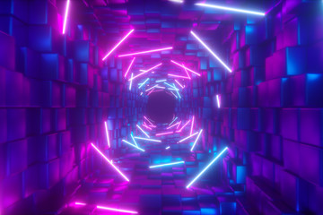 Abstract flying in futuristic corridor, fluorescent ultraviolet light, glowing colorful laser neon lines, geometric endless tunnel, blue pink spectrum, 3d illustration