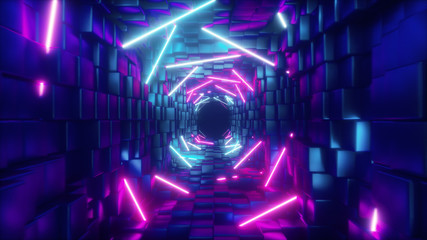 Abstract flying in futuristic corridor, fluorescent ultraviolet light, glowing colorful laser neon lines, geometric endless tunnel, blue pink spectrum, 3d illustration - obrazy, fototapety, plakaty