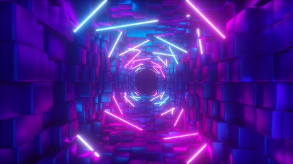 Abstract flying in futuristic corridor, fluorescent ultraviolet light, glowing colorful laser neon...