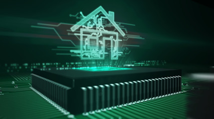 Smart home controlling concept with house hologram over cpu in background. Circuit board 3d illustration. Futuristic animation of iot, intelligent building and internet of things.