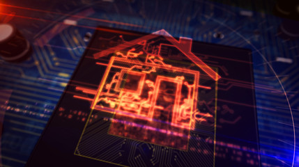 Fototapeta premium CPU on board with iot smart home symbol hologram display