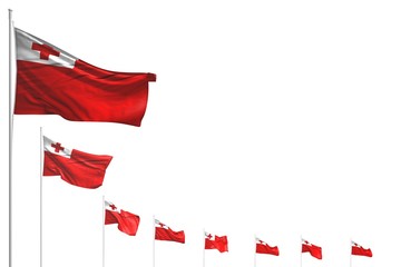 nice many Tonga flags placed diagonal isolated on white with place for text - any occasion flag 3d illustration..