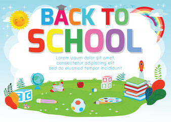Back to school background poster. school supplies on the grass, welcome back to school banner ,Cute school kids.education concept, Template for advertising brochure, your text ,Vector Illustration