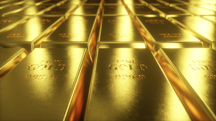 3d illustration of sliding camera view on gold bars
