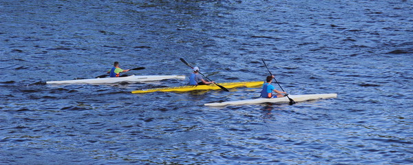 Three children floating on kayak - kid's sport competitions on the water, rear side view