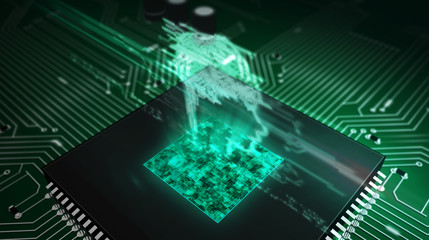 CPU on board with AI head symbol hologram display