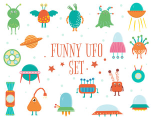 Vector set of cute aliens, UFO, flying saucer for children. Bright and funny flat illustration of smiling extraterrestrial creatures isolated on white background