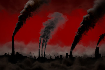 Fototapeta na wymiar Pollution design concept, heavy smoking factory chimneys isolated on red background - industrial 3D illustration