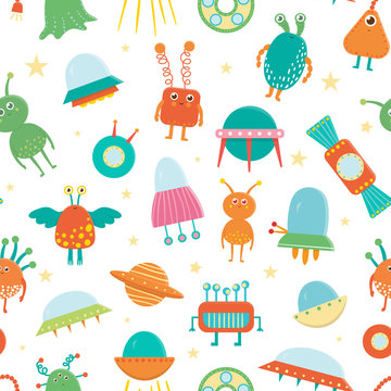 Vector seamless pattern of cute aliens, ufo, flying saucer for children. Bright and funny flat illustration of smiling extraterrestrial creatures on white background. Space picture for kids.