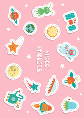 Cute space stickers for children on pink background. Bright flat illustration of satellite, astronaut, alien, sun, planet, earth, star, moon, UFO, rover, rocket. Cosmic smiling characters for kids