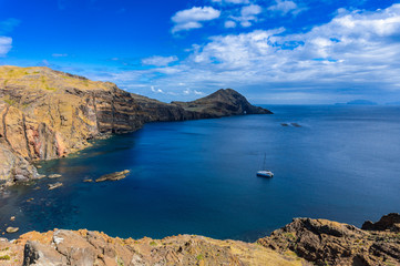 Aerial view of the wild beach and cliffs at Ponta de Sao Lourenco, Madeira