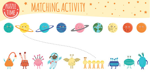 Matching activity for children with planets, aliens and astronaut. Space topic. Cute funny smiling characters. © Lexi Claus