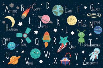 Space alphabet for children. Cute flat ABC with galaxy, stars, astronaut, alien, planet, spaceship, probe, comet, asteroid.