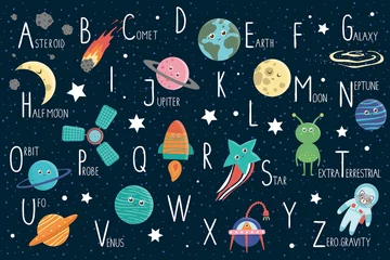  Ruimte alfabet voor kinderen. Leuke platte ABC met melkweg, sterren, astronaut, alien, planeet, ruimteschip, sonde, komeet, asteroïde. © Lexi Claus